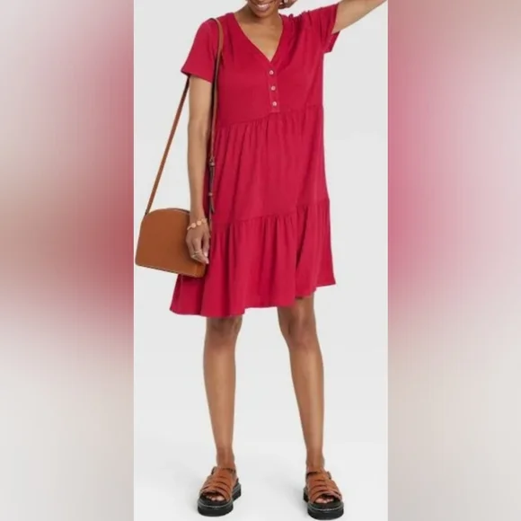 New Knox Rose Red Short Flutter Sleeve Henley Dress Tiered A-Line Knit  Safari Re